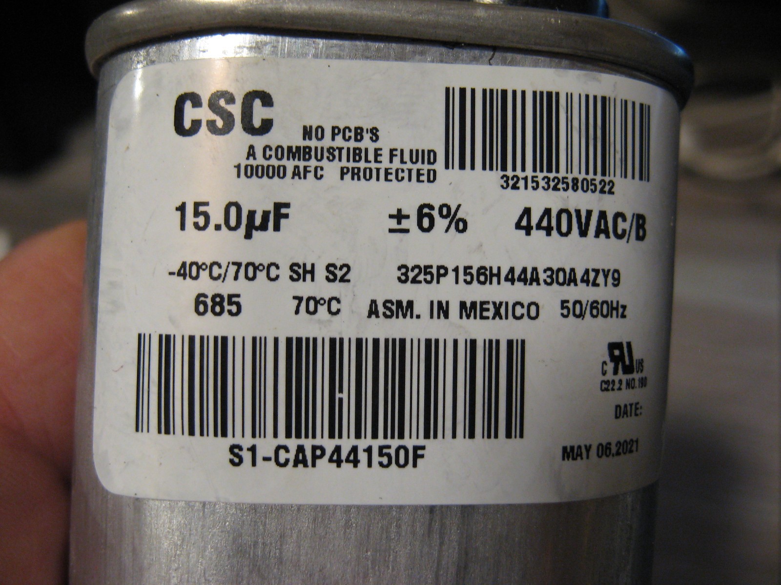 NEW York S1-CAP44150F Oval Run Capacitor 15 MFD 440V 60Hz
