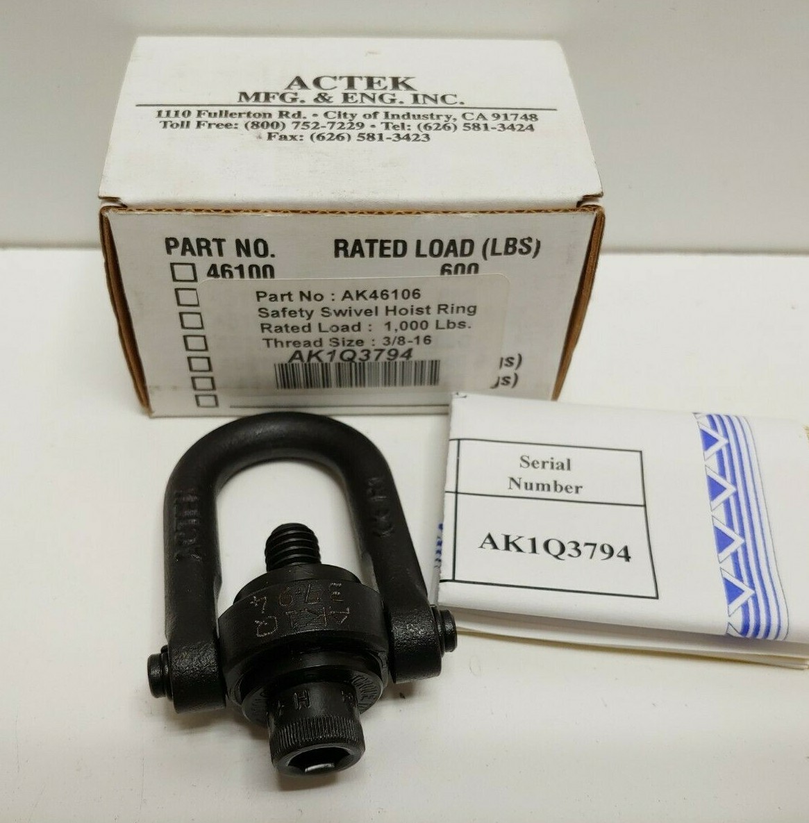 NEW OLD STOCK! ACTEK 1000 LBS 3/8″-16 SAFETY SWIVEL HOIST RING AK46106