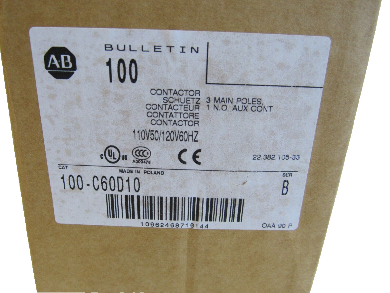 ALLEN BRADLEY 100-C60D10 CONTACTOR SER. B 100C60D10 NEW, SURPLUS