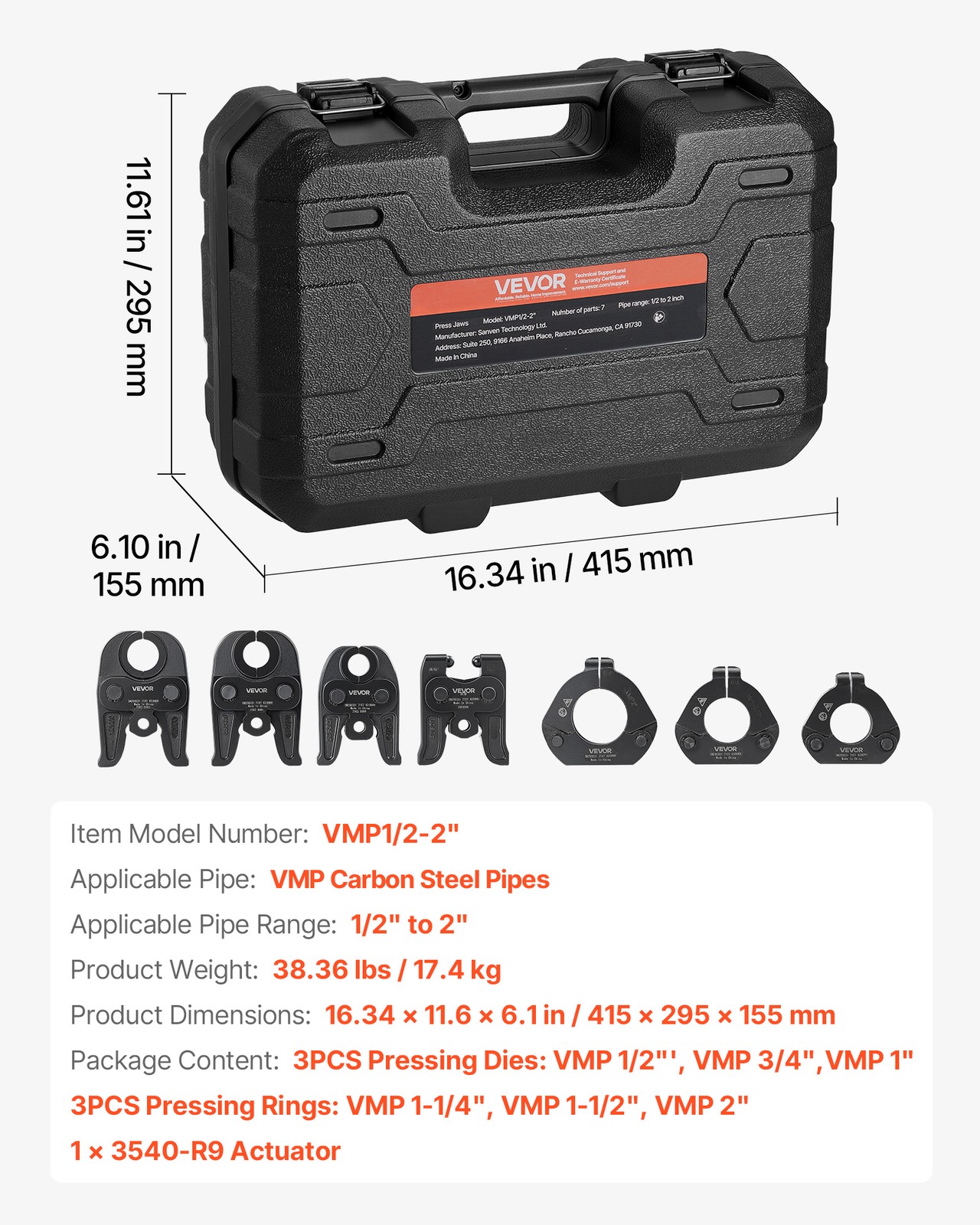 VEVOR 7PCS MegaPress Pressing Kit 1/2″ to 2″ for Standard Press Tools with Case