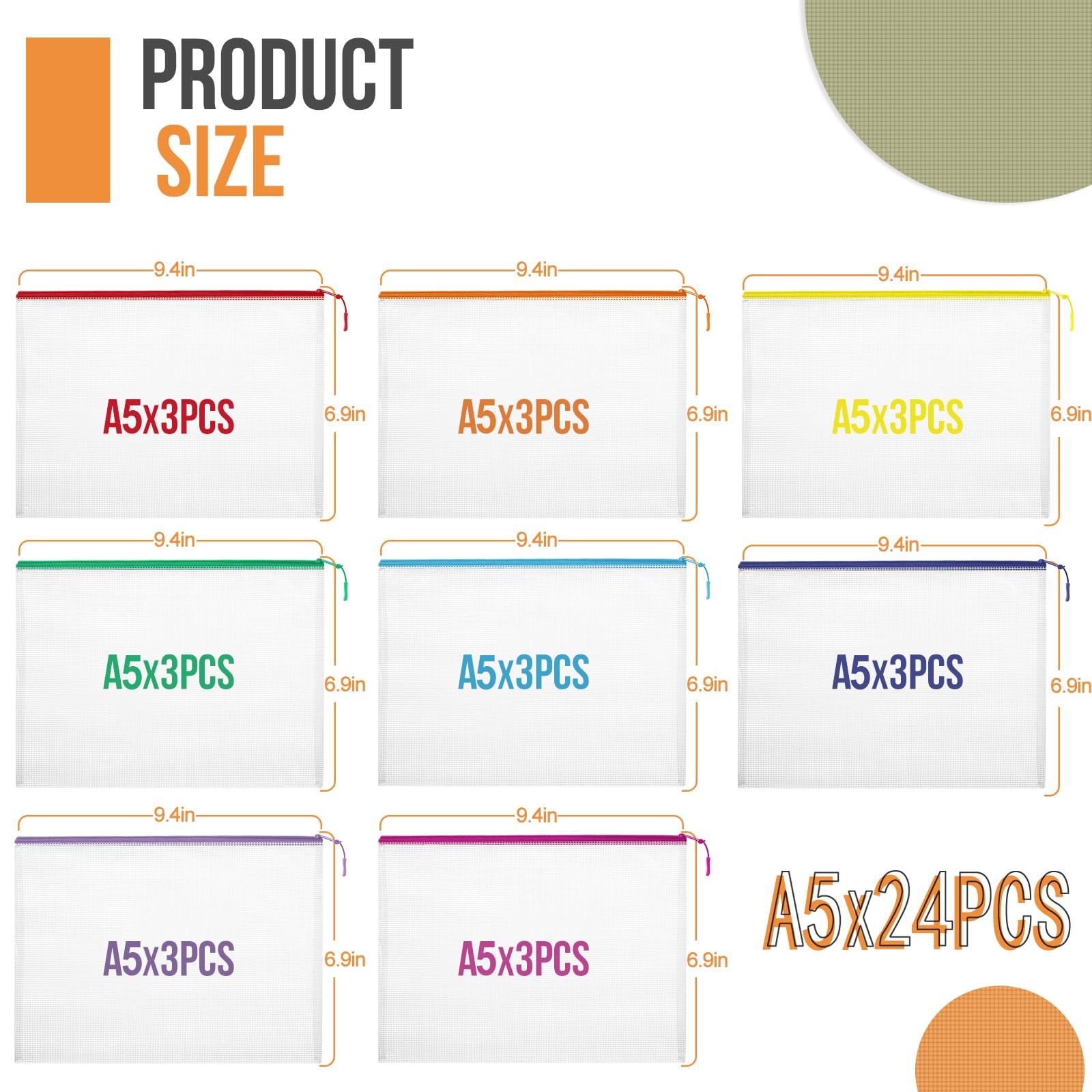 24pcs Mesh Zipper Pouch File Bags Puzzle Storage Bags, A5 Size A5, 8 Colors