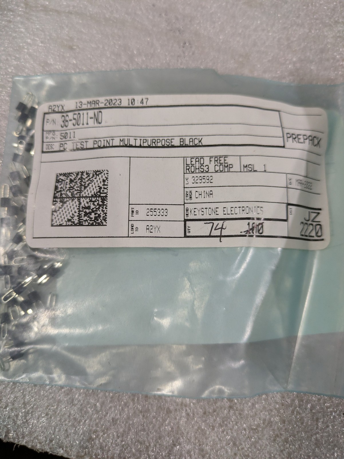 Keystone 5011 PC Test Point Multipurpose Black Through Hole PCB Solder 74/order