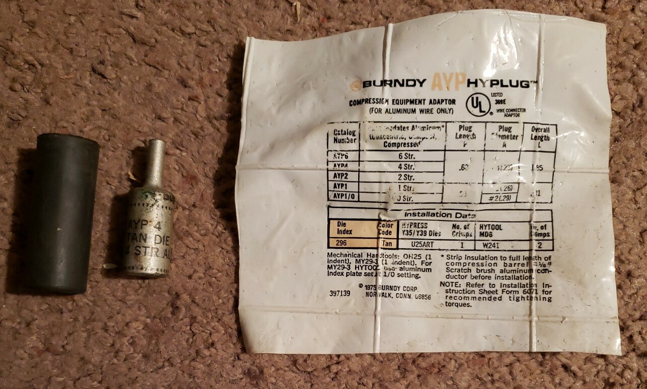Burndy AYP4 HYPLUG  Alunimum Compression Adapters for #4 wire Lot of 5 Adapters