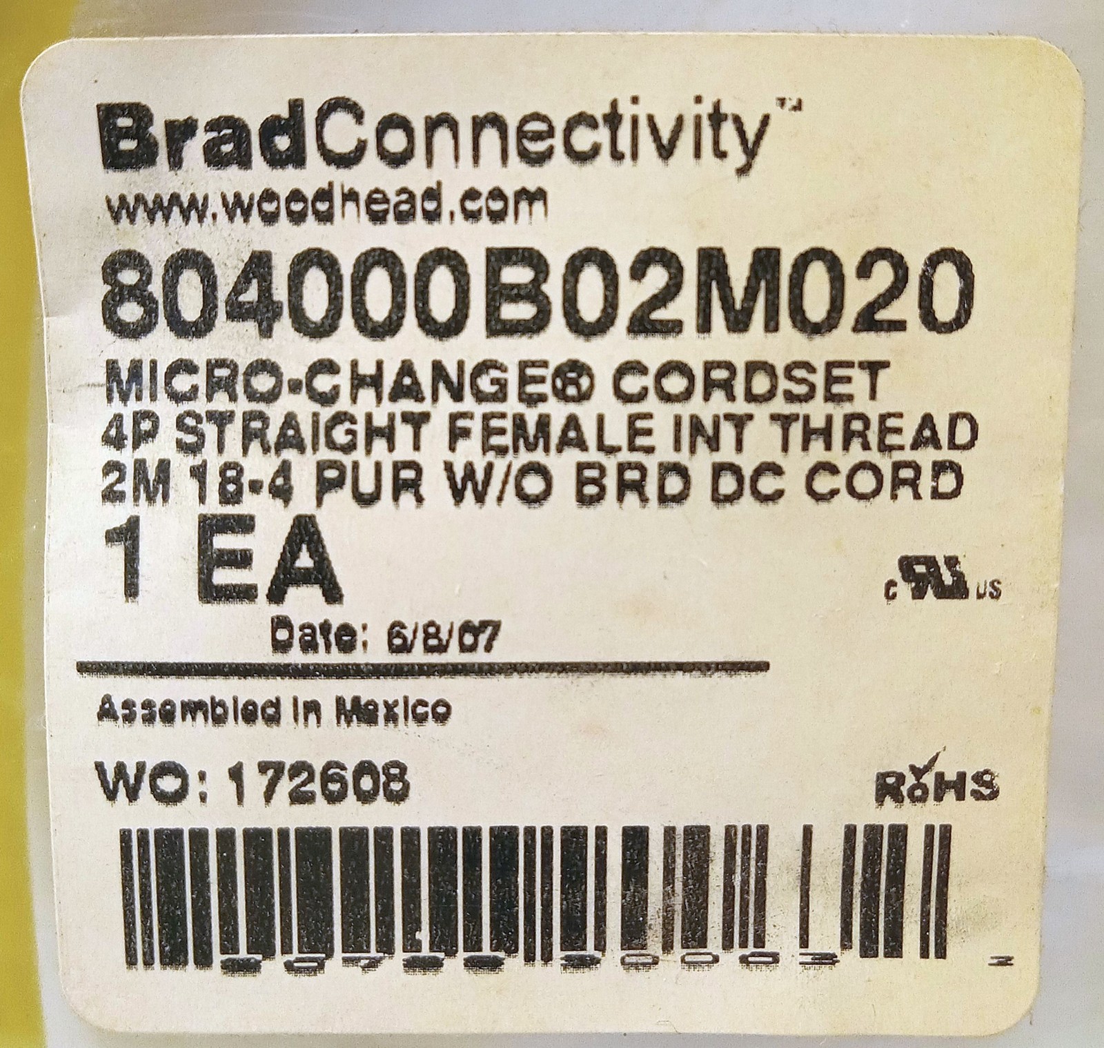 1 NEW BRAD WOODHEAD 804000B02M020 MICRO-CHARGE CORDSET NNB ***MAKE OFFER***
