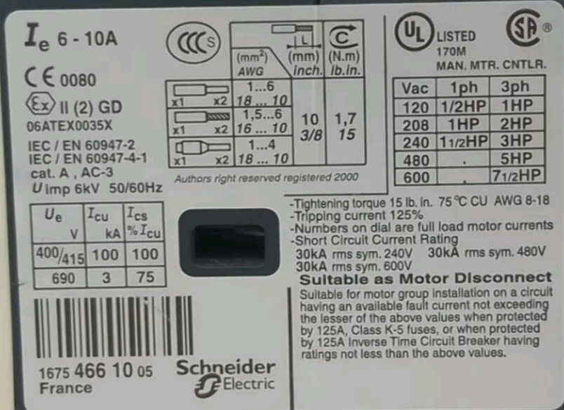 USED TELEMECANIQUE LC1D12 W/TELEMECANIQUE GV2ME14/6-10A DELTA STARTER