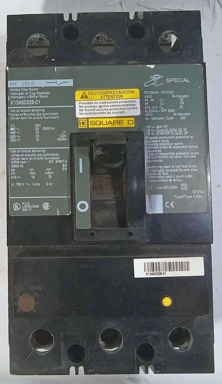 1 USED SQUARE D X13450328-01 250 AMP MOLDED CASE CIRCUIT BREAKER **MAKE OFFER**