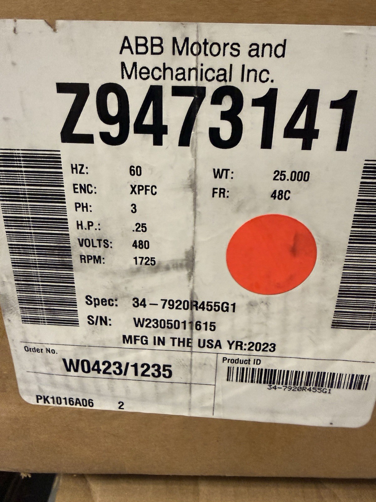 Baldor 34-7920R455G1 .25HP, 1725RPM, 3PH, 60HZ, 48C, 3410M, XPFC, F3
