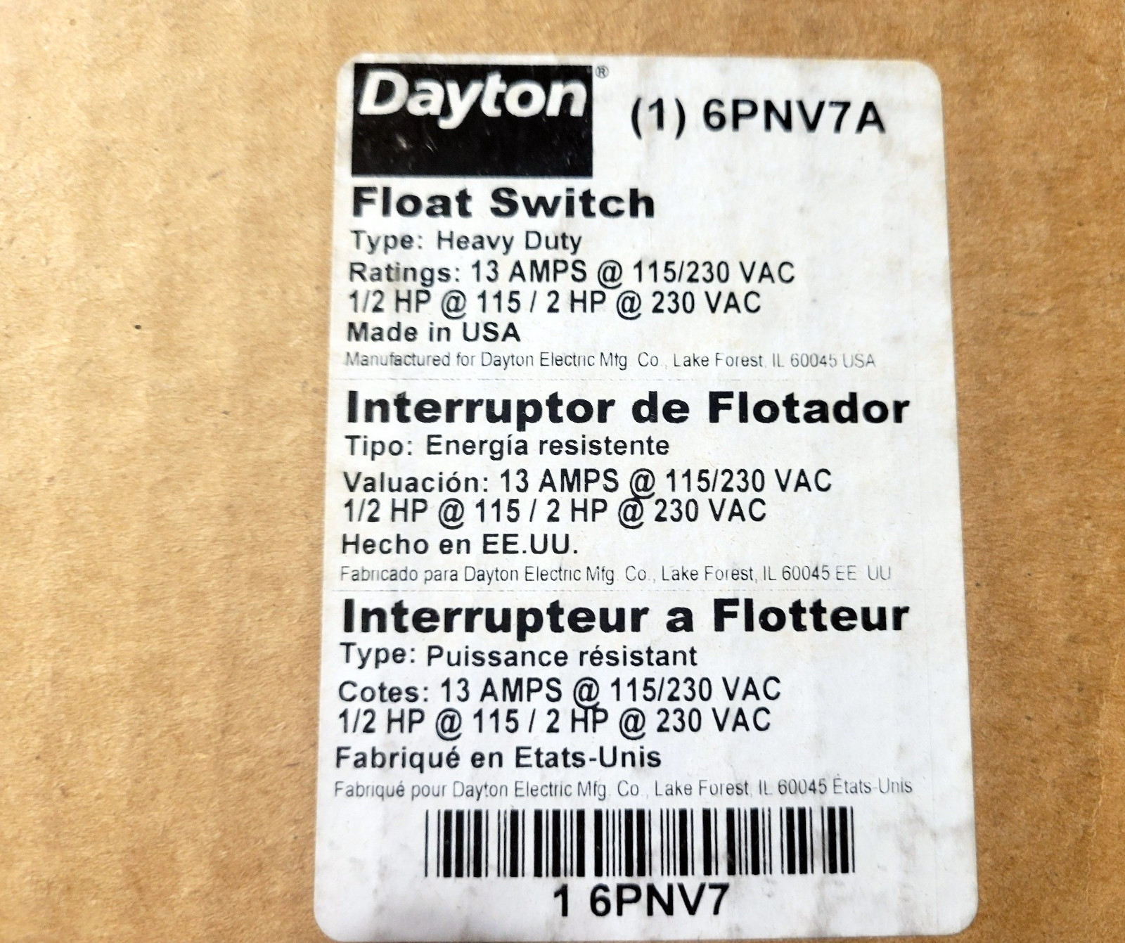 NEW IN BOX Dayton Float Switch #6PNV7A 110/230V, 13A, 20′ Cord