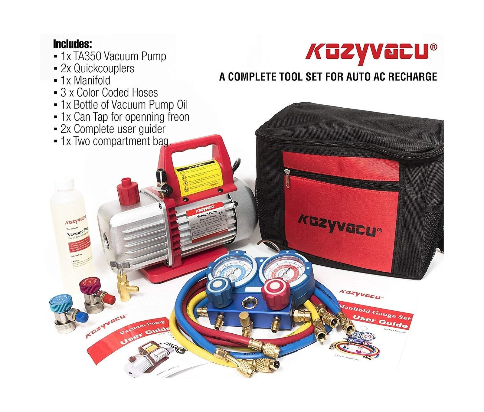 AUTO AC Repair Complete Tool Kit with 1-Stage 3.5 CFM Vacuum Pump, Manifold G…