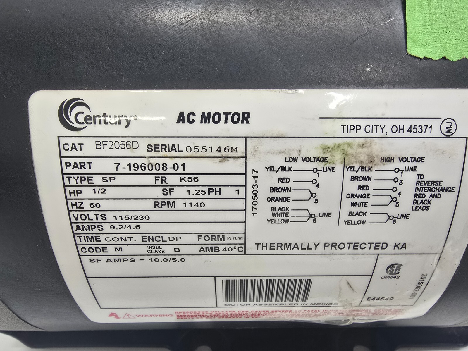 GOOD USED! CENTURY 1/2HP 115/230V ELECTRIC MOTOR BF2056D