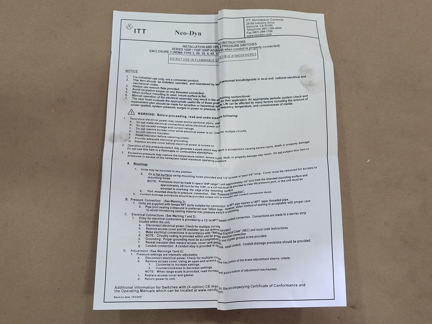 SURPLUS NEW ITT Industries 200P13C3 Adjustable Pressure Switch , 200-1500 psig