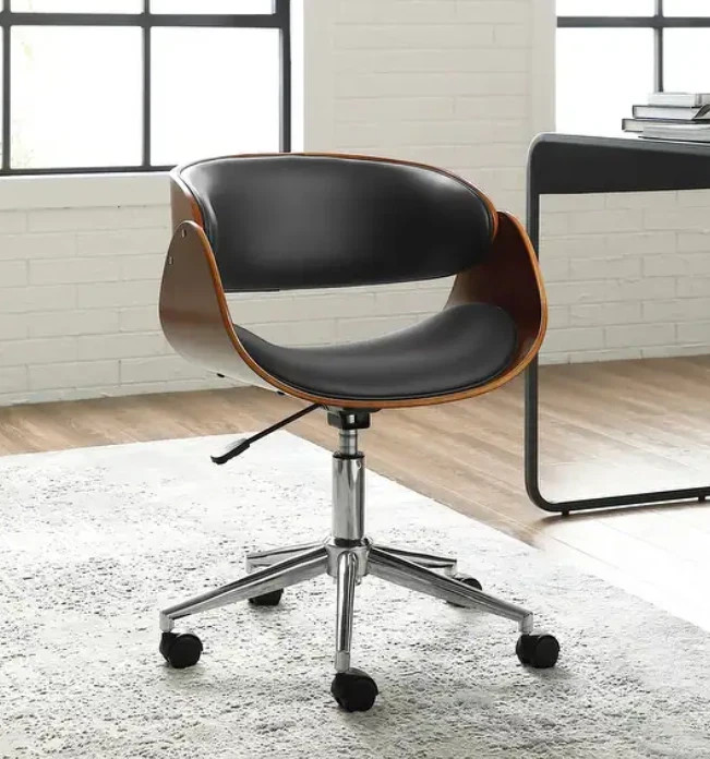 Mid-century Modern Office Chair Adjustable Black Upholstered Swivel Wood Metal