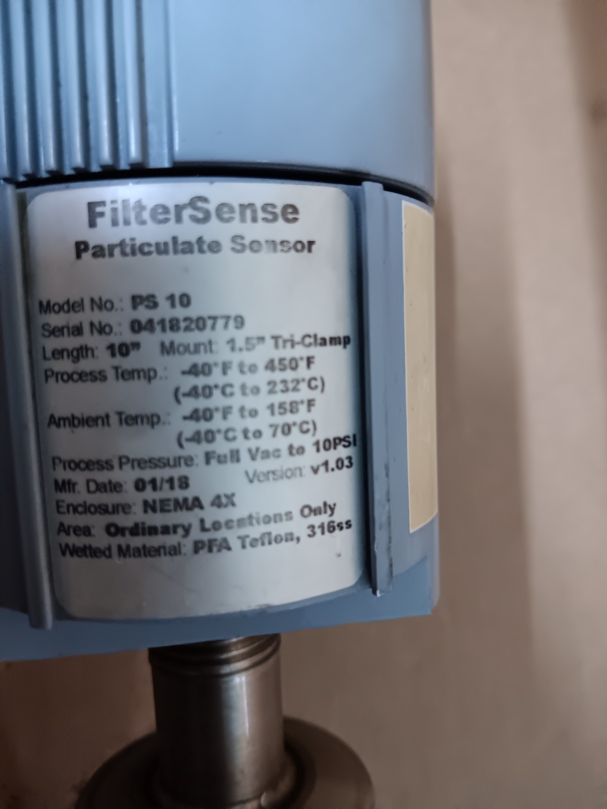 FilterSense Particulate Sensor PS10 10 inch length 1.5 inch tri-clamp