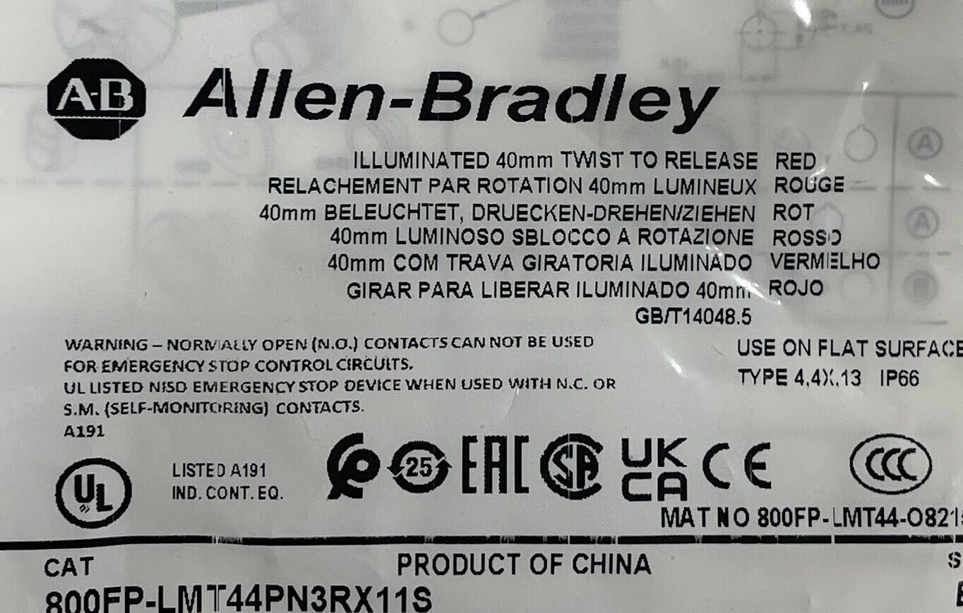 Allen Bradley 800FP-LMT44PN3RX11S 22mm Twist Release E-Stop Red LED