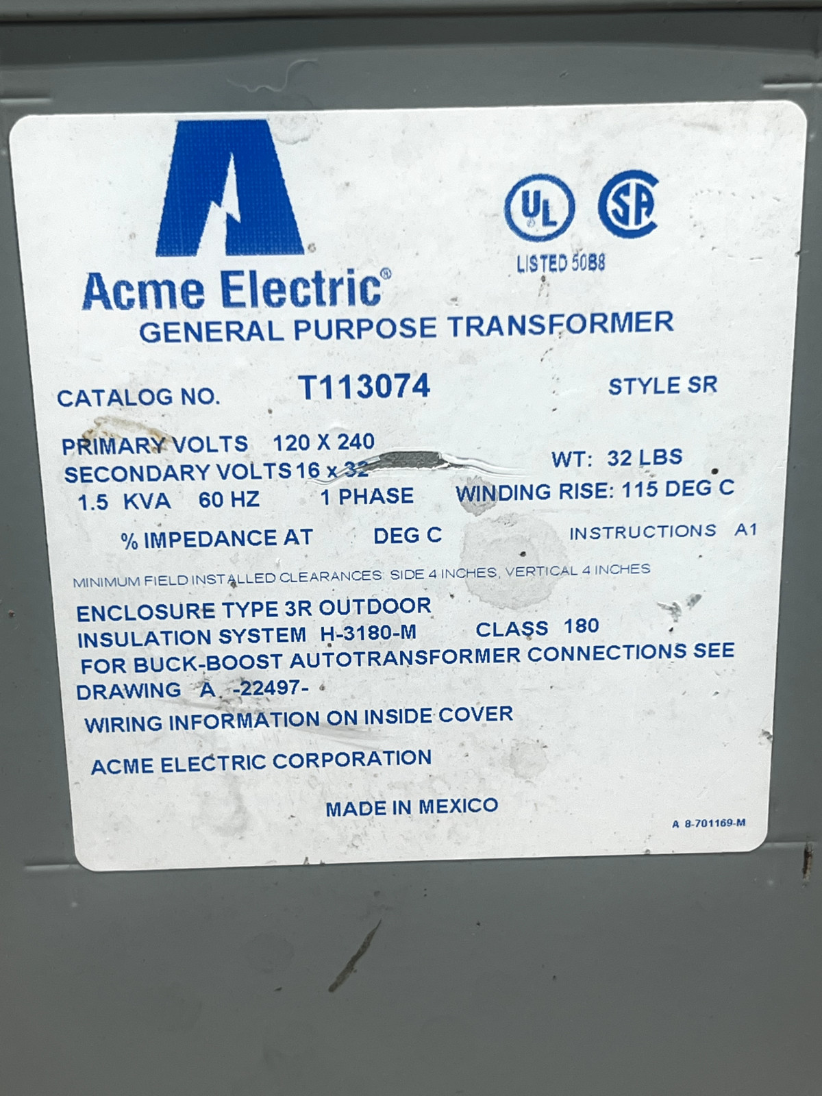 ACME ELECTRIC T113074 Buck Boost Transformer 1.5kVA 120x240V 16/32V