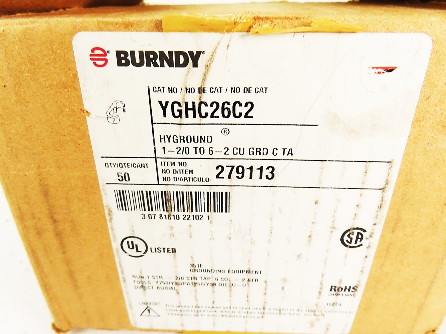 Burndy YGHC26C2 279113 Hyground 1-2/0 to 6-2 CU GRD C TA *Box of 50* NEW