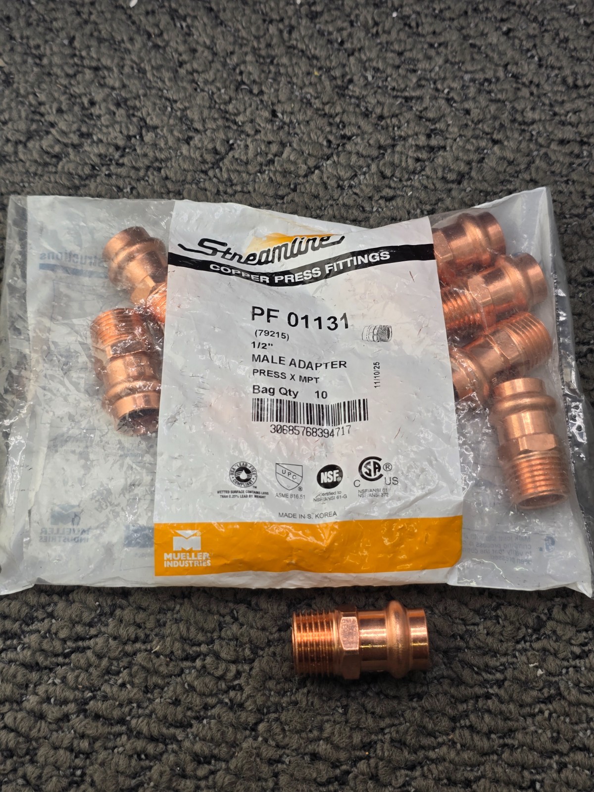 (QTY 10) Mueller PF 01131 Copper Male Press Adapter Fittings 1/2″ Press x MPT