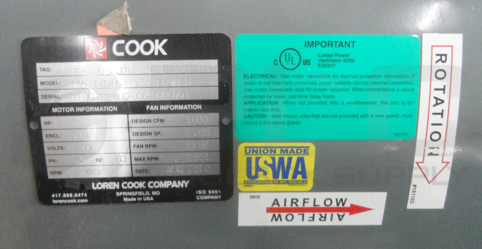 NEW LOREN COOK 135 TONH-B INLINE BLOWER FAN FF-3009 JOHNSTONE W/ BALDOR EM3157T