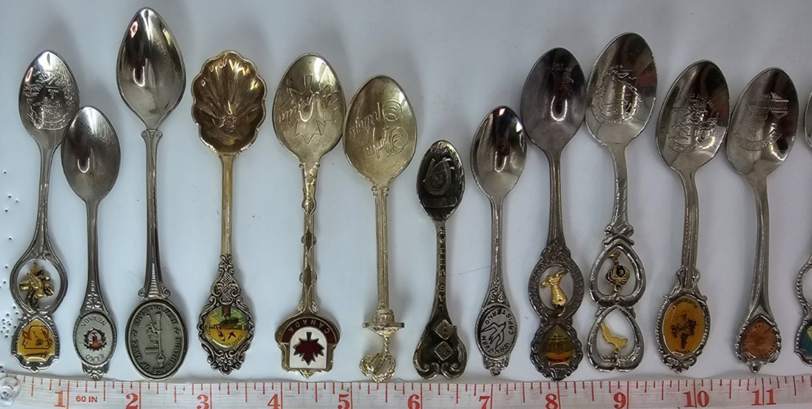 Lot of 18 Souvenir Mini Spoons-States, Places, Countries-Silver Plated, Brass