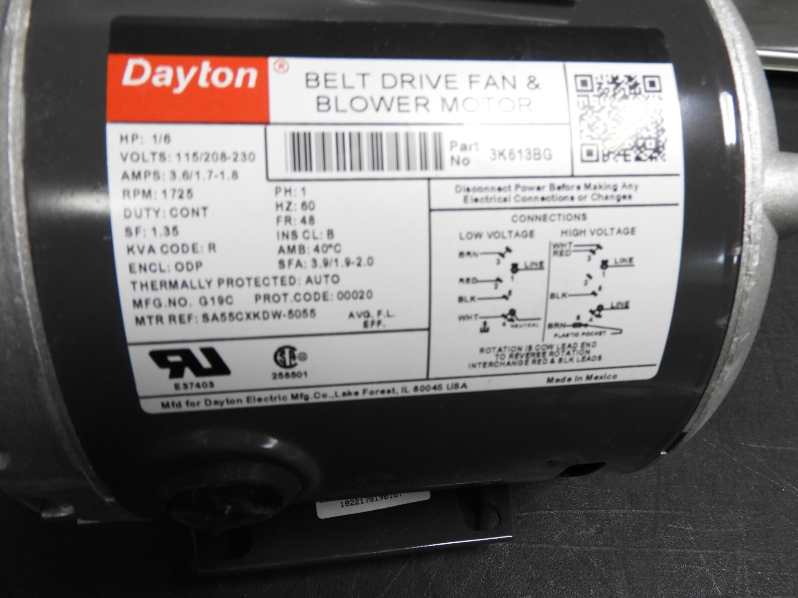 Dayton 3K613BG Split-Phase Belt Drive Blower Motor, 1/6 Hp, 115/208-230V AC