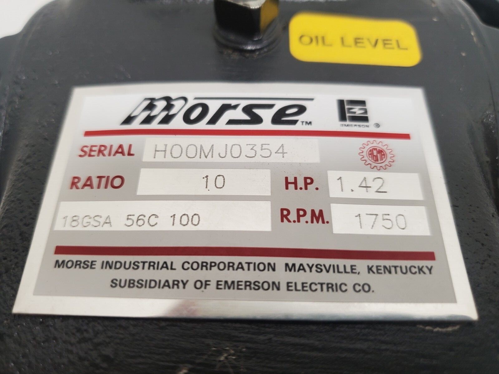 NOS! MORSE 18GSA-56C-100 RATIO 10 1.42HP 1750 RPM GEAR REDUCER H00MJ0354