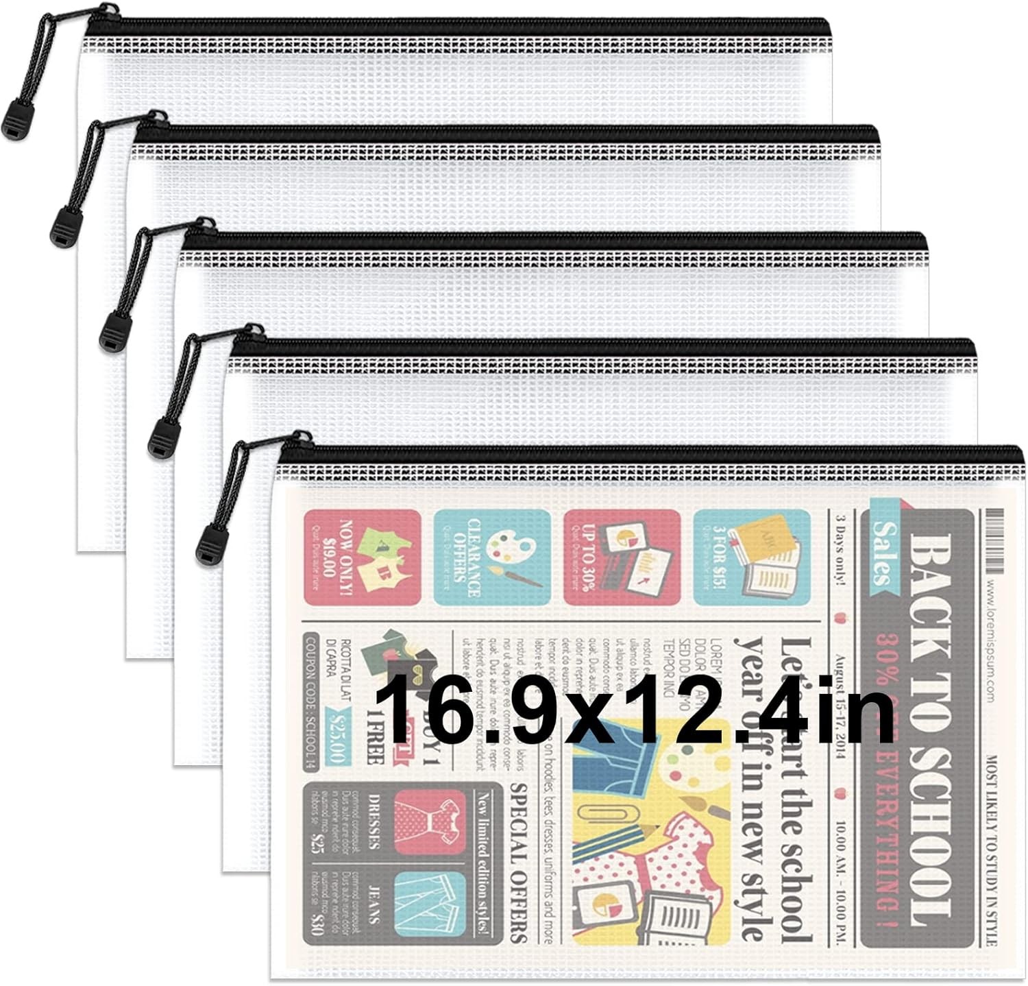Umriox 5PCS A3 Zipper Bags, Extra Black 5pcs, Thickened A3, Black, White