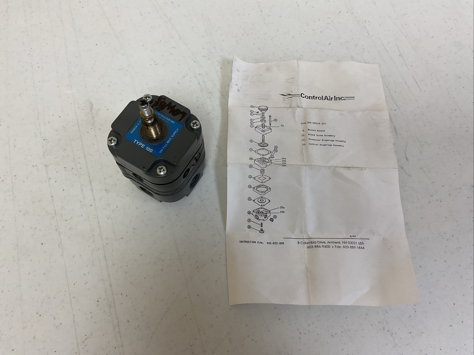 CONTROL AIR INC. TYPE 100 AIR PRESSURE REGULATOR 2-120 PSI 150 PSI MAX SUPPLY