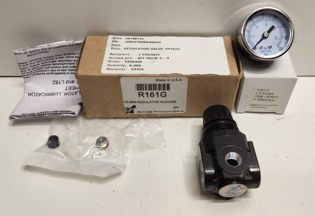 NEW IN BOX! ARROW PNEUMATICS 1/8″ MINI REGULATOR W/ GAUGE R161G