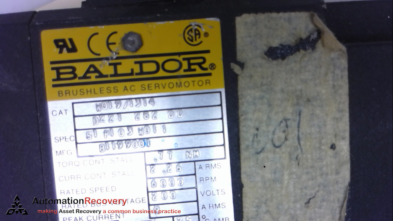 BALDOR W019/1314 D221-282-00 CLASS F BRUSHLESS AC SERVOMOTOR, #259370