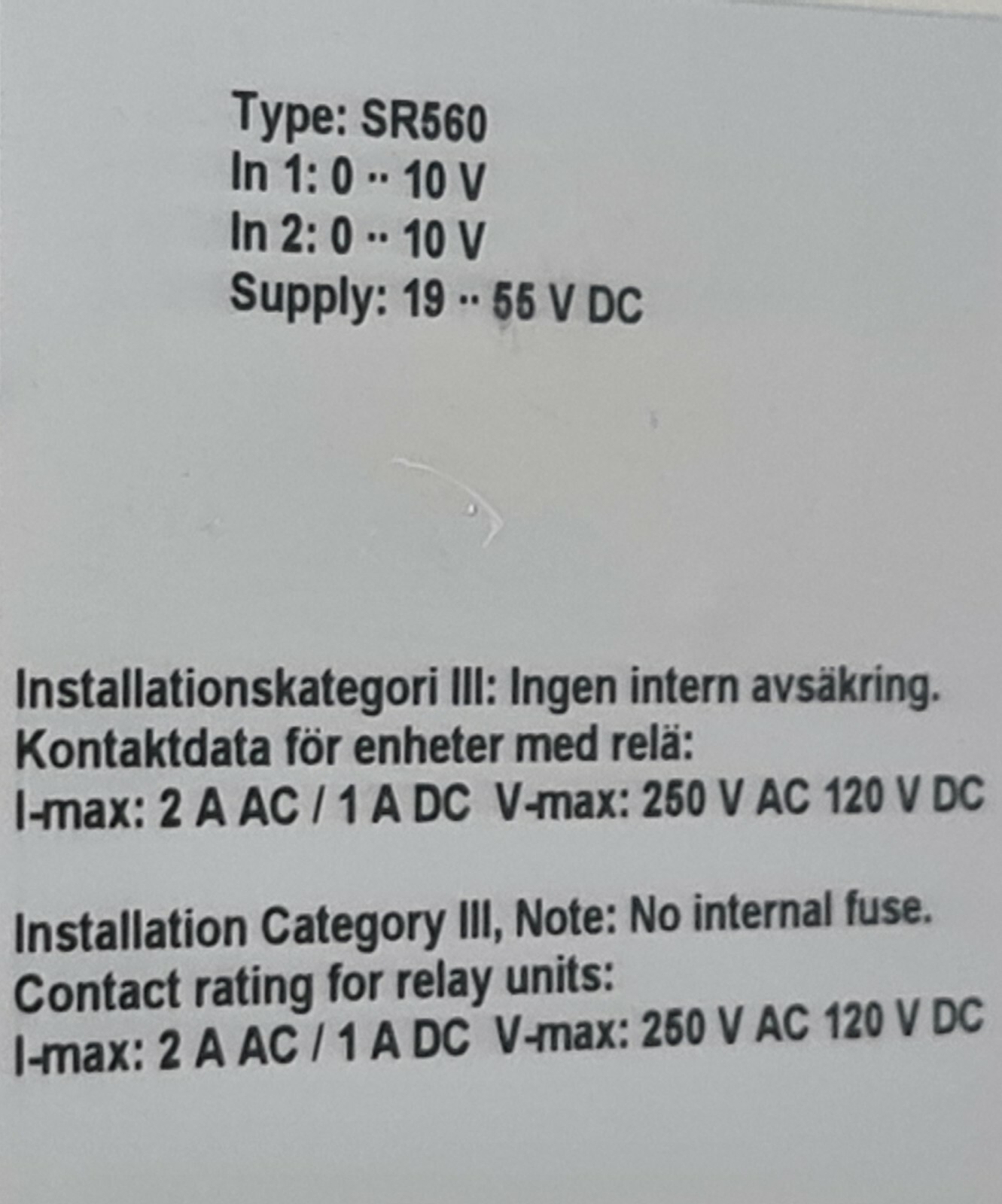 TILLQUIST TYPE:SR560 VOLTAGE TRANSMITTER 19-55 VDC
