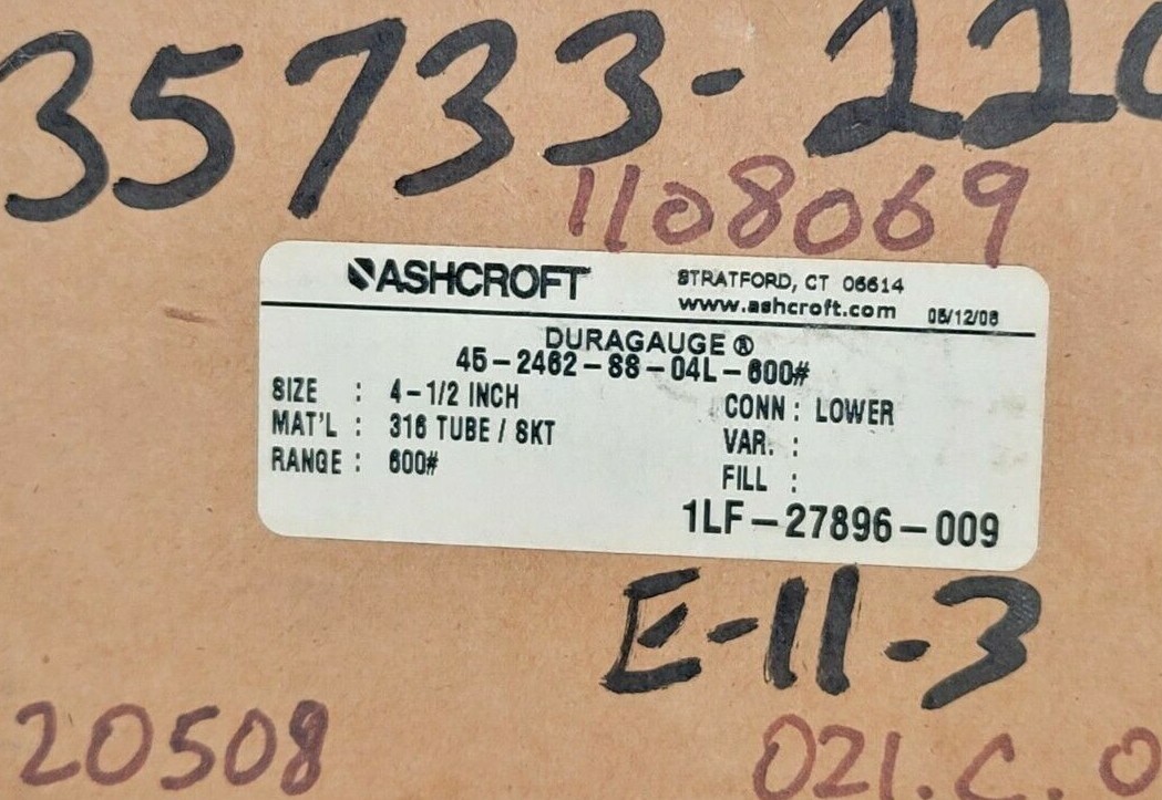 NIB ASHCROFT 45-2462-SS-04L-600# DURAGAUGE SIZE: 4-1/2” 452462SS04L RANGE: 600#