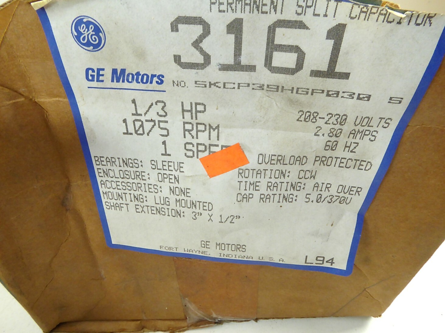 GE 5KCP39HGP030 1/3HP 208-230V 1075RPM CCW 2.8A Stock# 3161 NEW