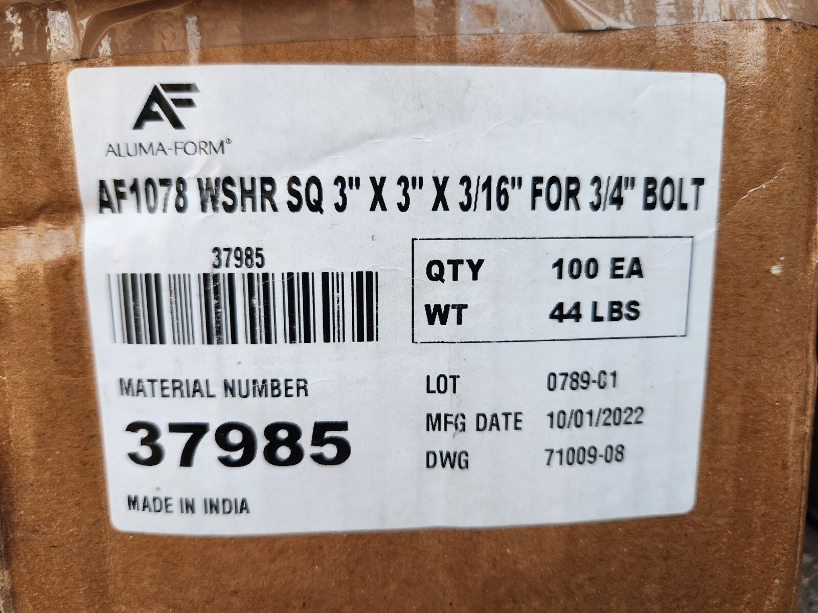 (100 Pk) ALUMA AF1078 3″ SQUARE FLAT WASHER FOR 3/4″ BOLT WITH 3 X 3 X 3/16″