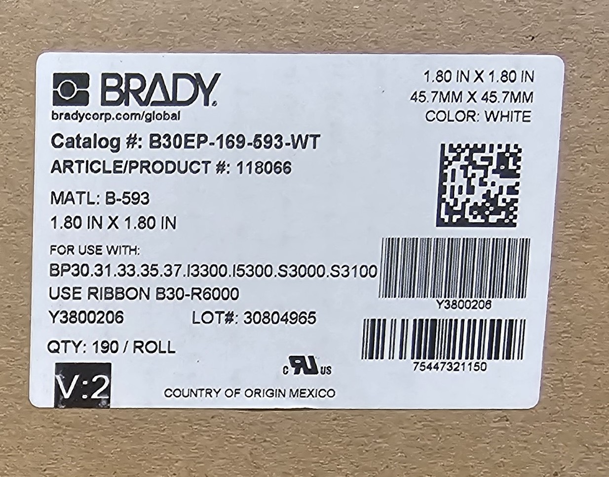 BRADY B30EP-169-593-WT ARTICLE/PRODUCT # 118066 WHITE