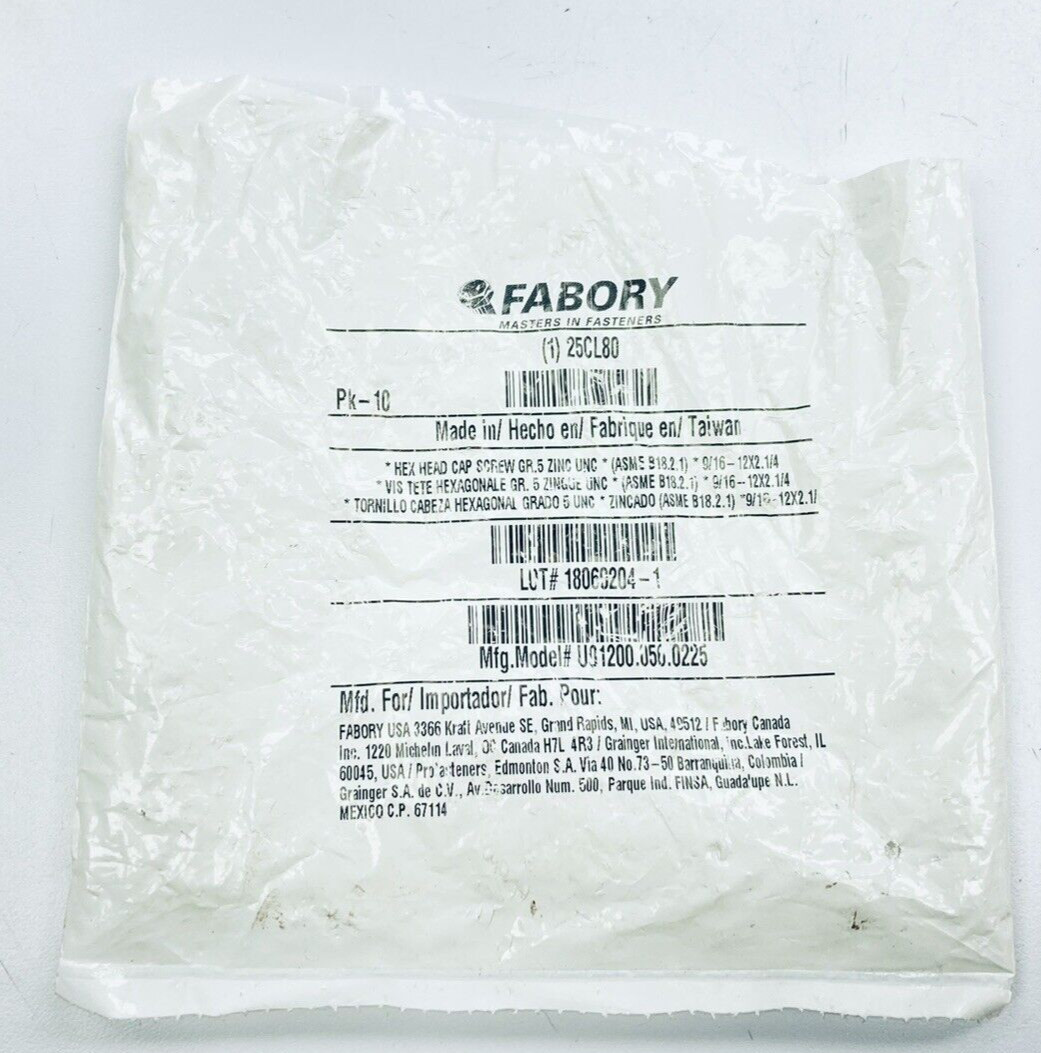 LOT OF 10 UNUSED FABORY U01200.056.0225 HEX HEAD CAP SCREW 9/16″-12×2.1/4 ZINC