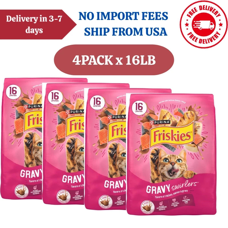 Friskies Gravy Swirlers Chicken & Salmon Flavor Dry Cat Food, 16-lb, 4 PACK