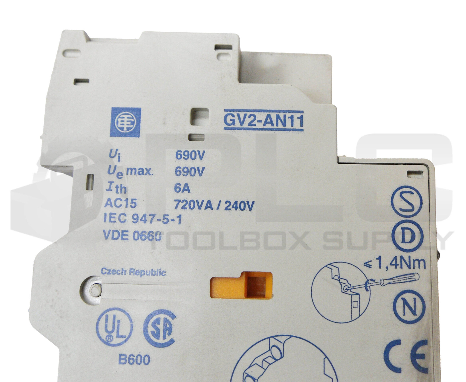 TELEMECANIQUE GV2-M08 CIRCUIT BREAKER 2.5-4A 690V W/ GV2-AN11 AUXILIARY CONTACT