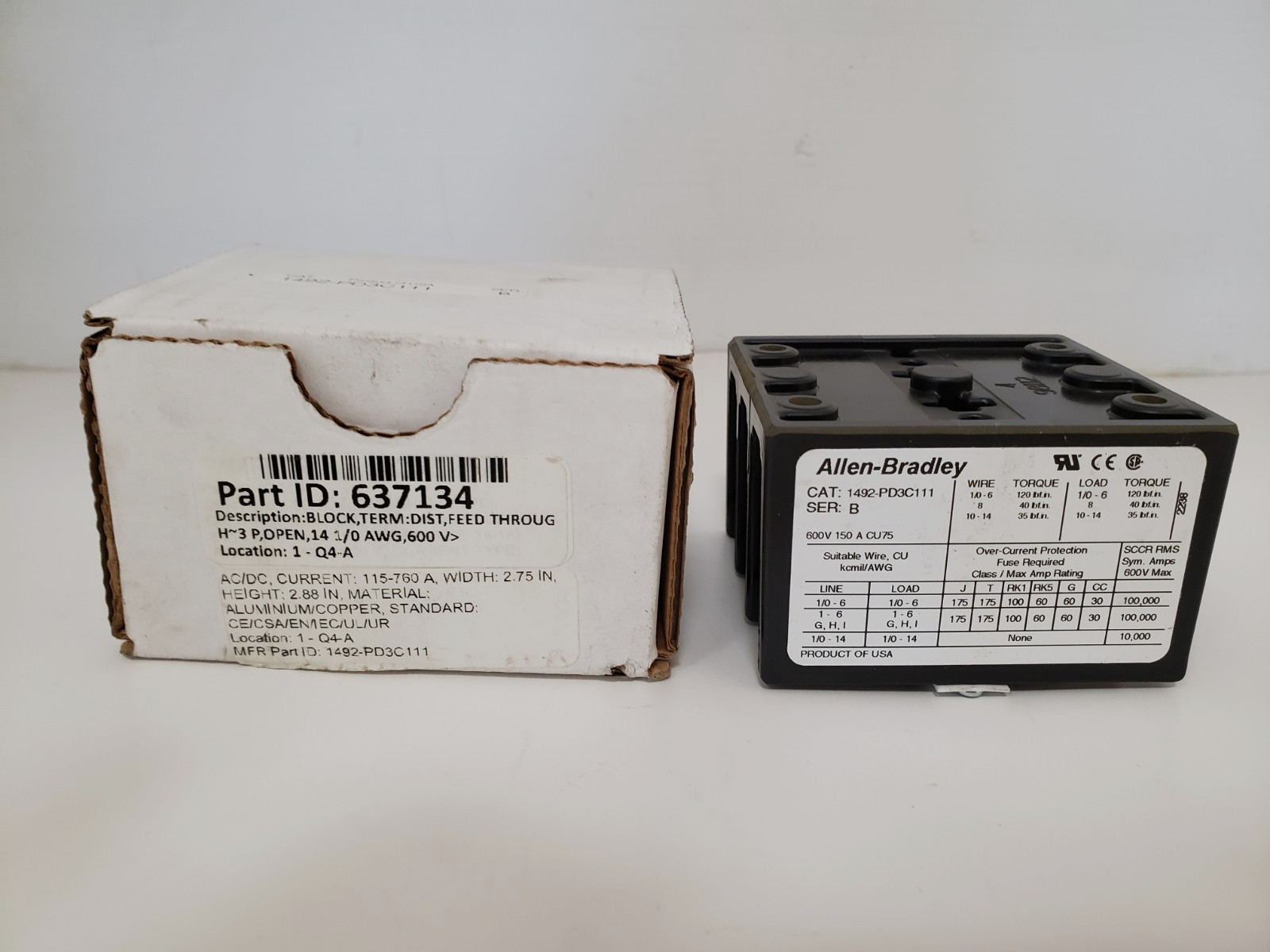 ALLEN BRADLEY 1492-PD3C111 POWER DISTRIBUTION BLOCK 3 POLE 600V 150A SER B NIB
