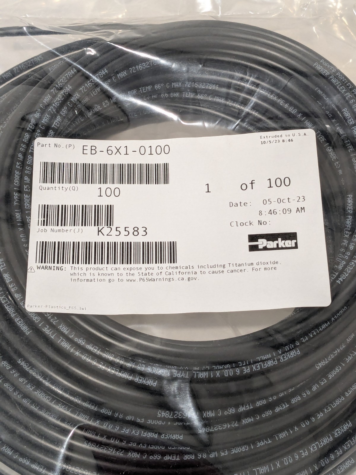 Parker Black Polyethylene Tube: 100′ Long, 4mm I.D. EB-6X1-0100-DUP