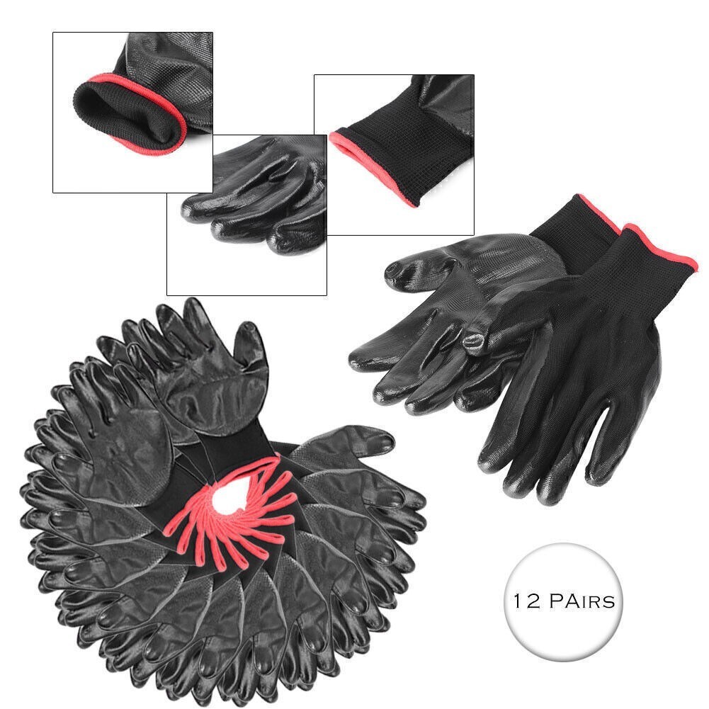 12 Pairs Nylon PU Safety Coating Working Gloves Builders Grip Palm Protective