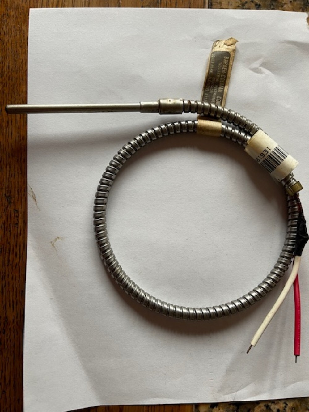Barber Coleman Type J Thermal Couple- 3″ Long 3/16″ Probe 16″ Armor Clad, 750 F
