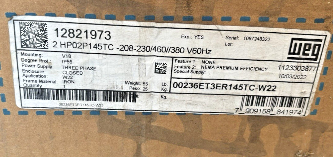 00236ET3ER145TC-W22 – WEG – Motor – 2HP2P145TC-208-230/460/380V 60Hz – V18