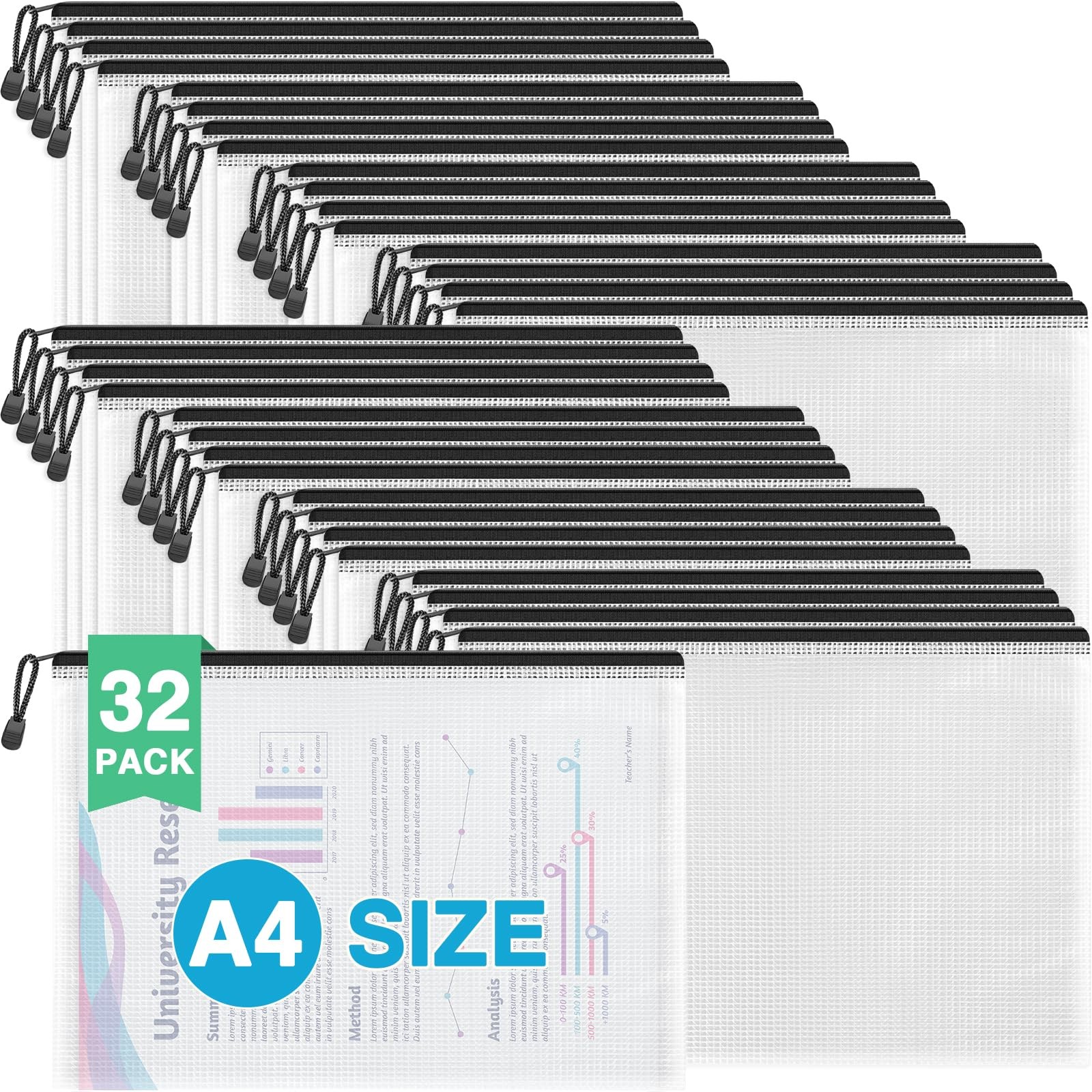 Umriox 32PCS Mesh Zipper Pouch, Waterproof Bags for A4, Black