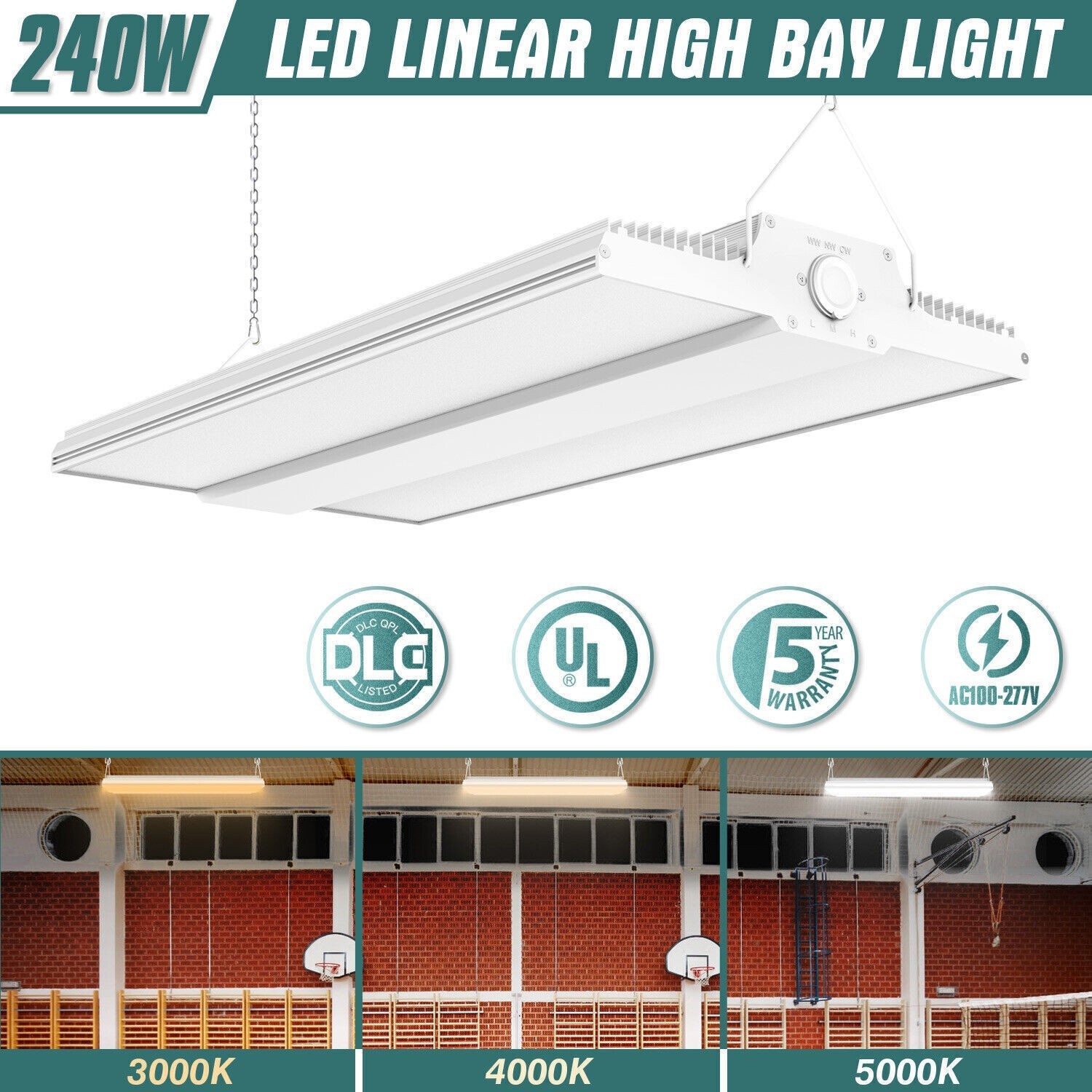 240W LED Linear High Bay Light Garage Warehouse Hanging Fixture 4500/5000K/5700K