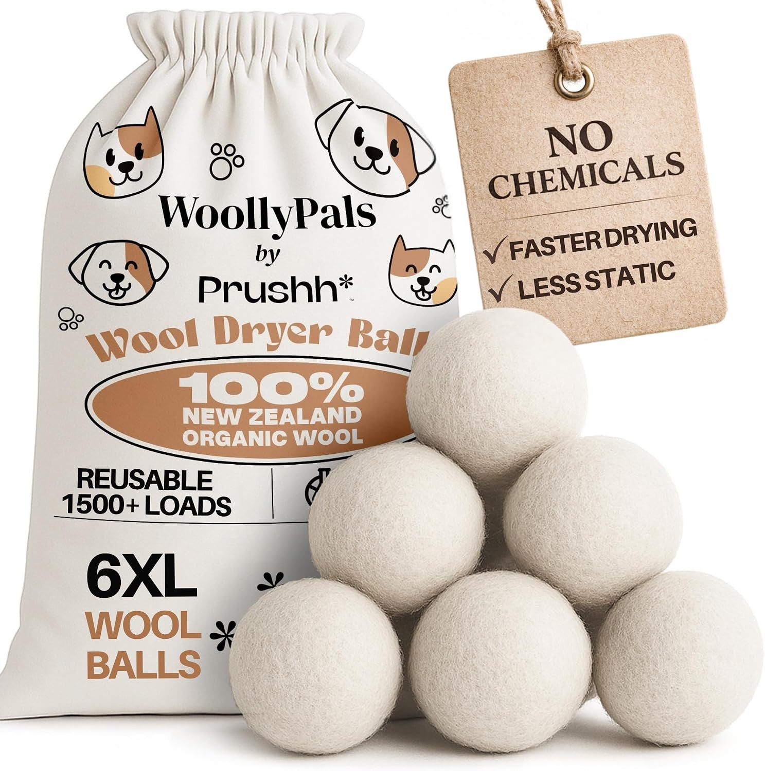 Woollypals Dryer Balls (6-Pack, XL Size) – 100% New Zealand Wool – No More Dryer