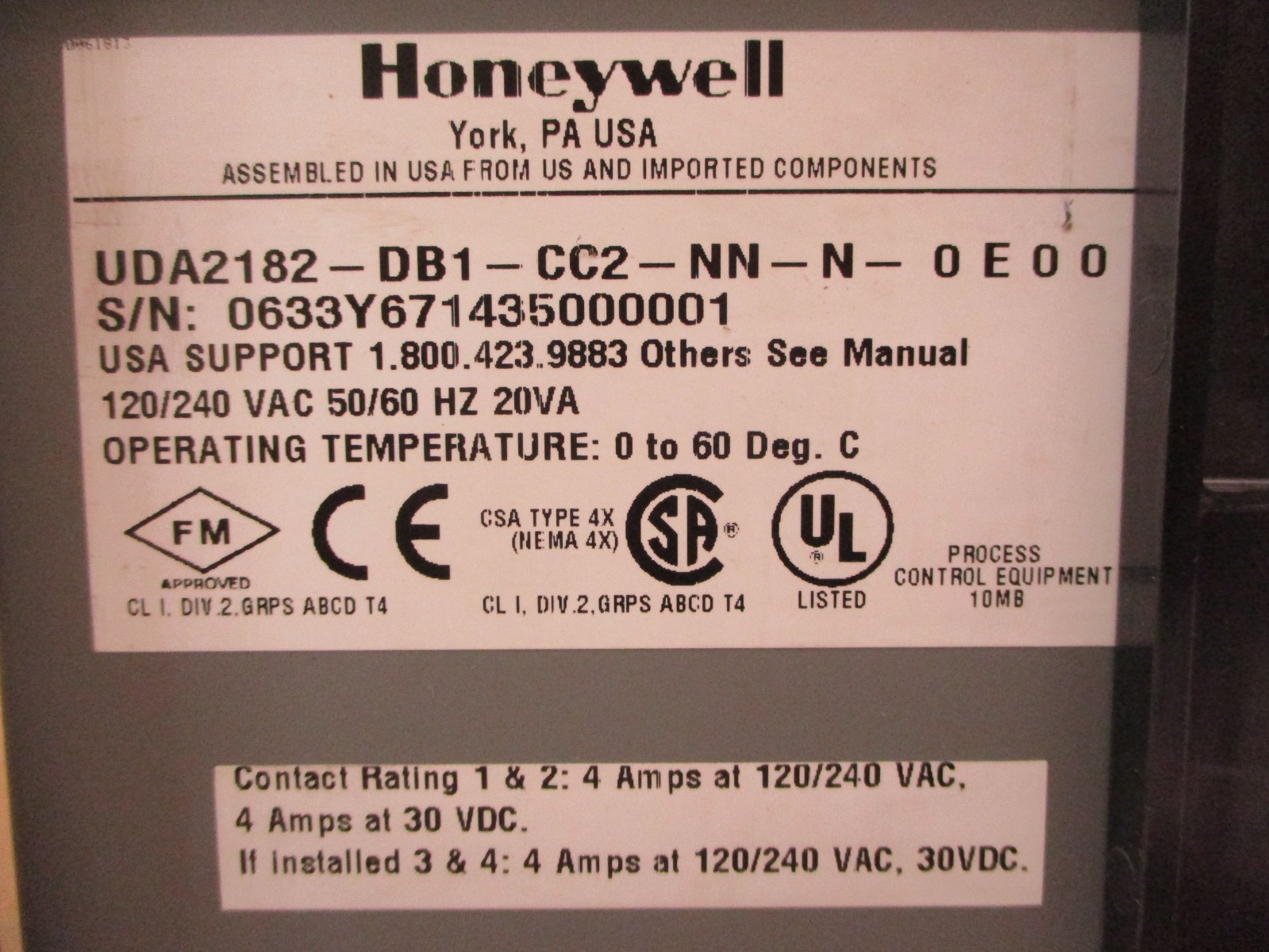 Honeywell UDA2182-DB1-CC2-NN-N-0E00 120/240VAC 20VA Oper. Temp. 0-60C 53679DN