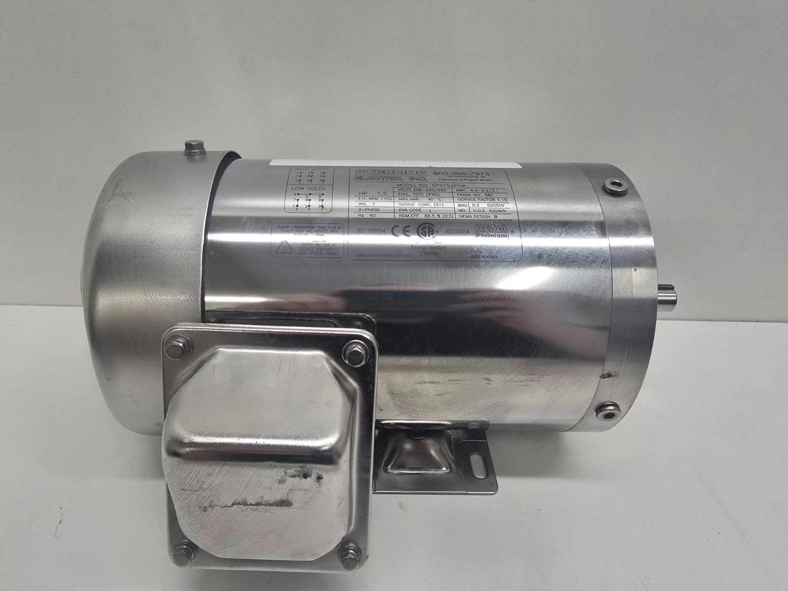 NOS STERLING ELECTRIC NEMA PREMIUM 1.5HP STAINLESS STEEL MOTOR SPY154PHA