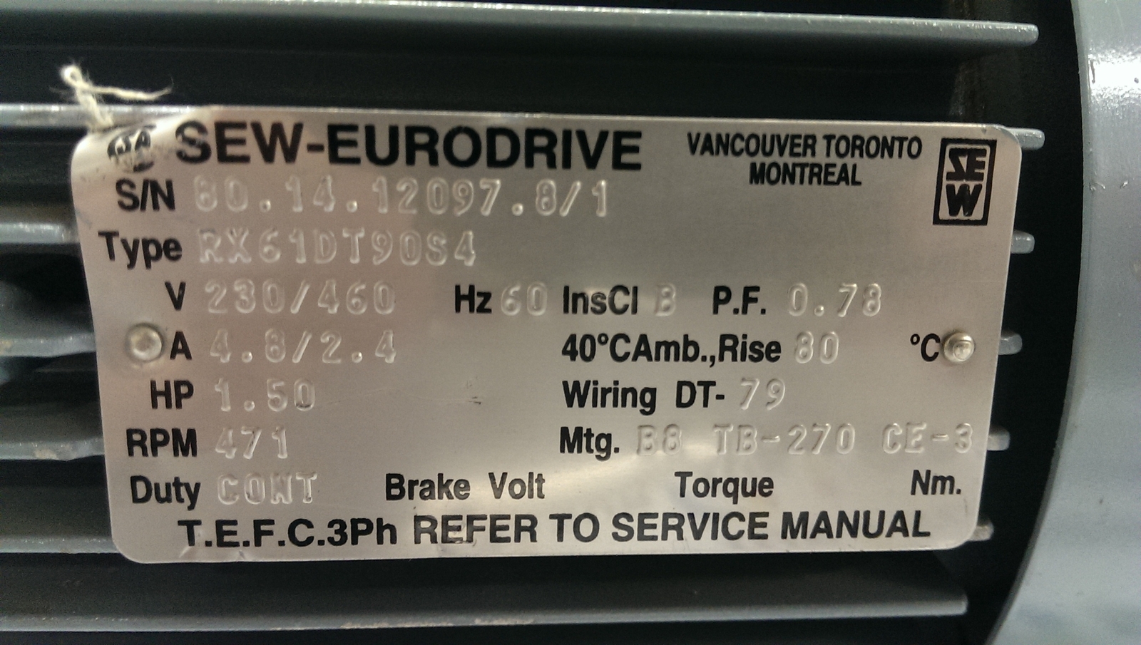 NSSP SEW EURODRIVE 1.5HP MOTOR RX61DT90S4 RX61 DT90S4 471RPM 3.61:1 3PH 230/460V