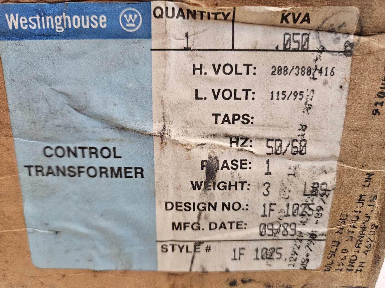 Westinghouse Transformer 1025 0.05KVA Pri: 208/380/416V Sec: 95/115V 1Ph