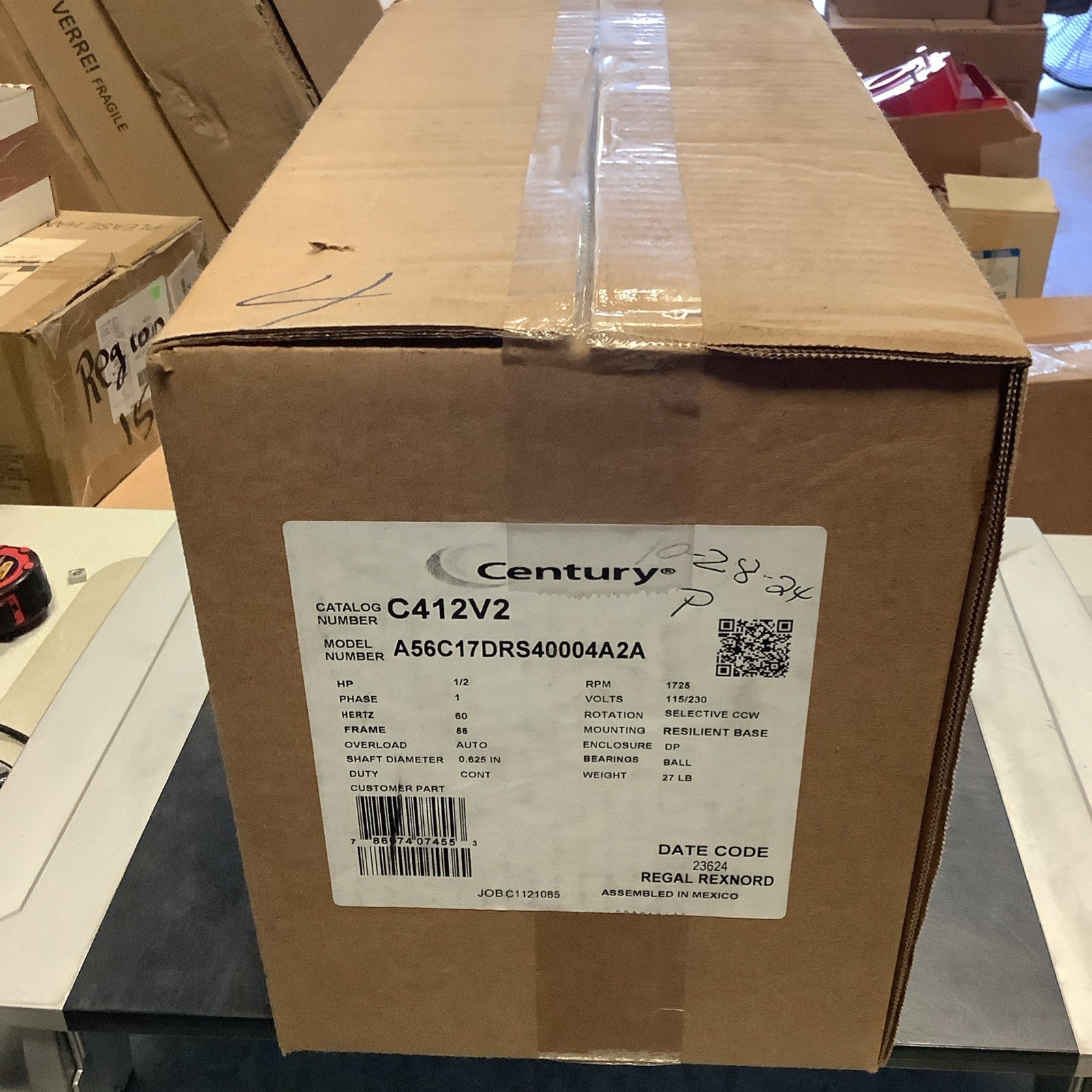 CENTURY C412V2 Motor, 1/2 HP, 1725 rpm, 56 Frame, 115/208-230V